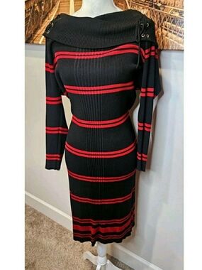 Pink Rose Black and Red Striped Sweater Dress